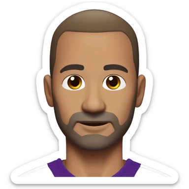 45-year-old man, slightly round face. very short hairs, almost shaved, a small central crest. hairline is slightly receding, sparse hair around the temples. brown eyes unshaven, small stubble beard. black and purple soccer jersey.  sticker