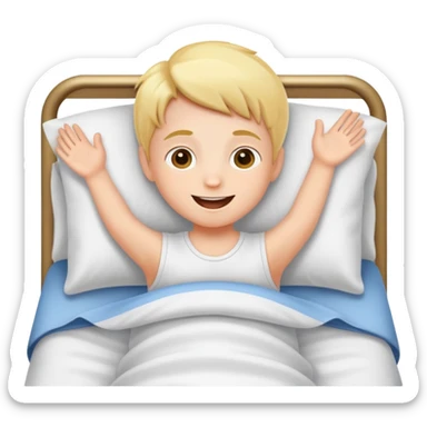 a child happily getting out of bed in the morning, bright and friendly sticker