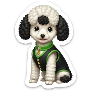 Caniche blanca con chaleco negro coN verde sticker