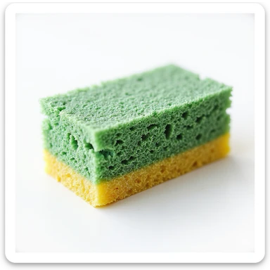 realistic kitchen sponge, green and yellow, with visible pores, photorealistic style sticker