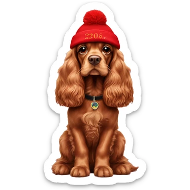 A full-length, adult, red cocker spaniel in a New Year's cap, siting sticker