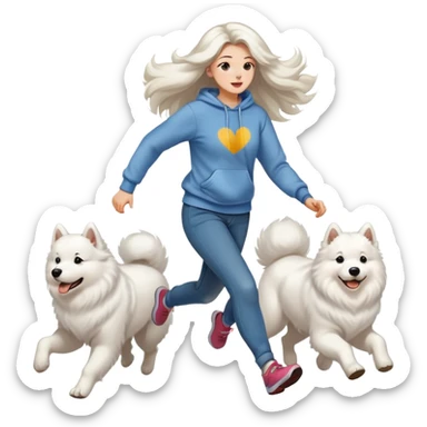 A beautiful girl with long hair wearing a sweatshirt and jeans is running with a Samoyed sticker