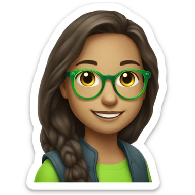 An emoji of a cute, long-haired brunette girl wearing glasses with a neon green frame, smiling warmly with a friendly expression sticker