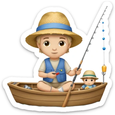 Little boy on a little boat fishing, felt texture, scrapbooking, precious moments style character sticker