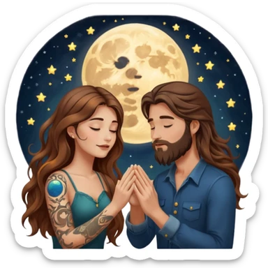 woman with long wavy brown hair tattoos and man with long brown hair beard, foreheads touching, shared glowing moon between hands sticker