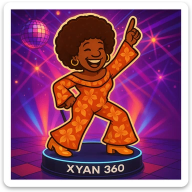 Place the disco emoji character on a Xyan 360 photo booth platform, posing for a fun event. Keep the disco vibe vibrant and colorful, and ensure the photo booth platform is clearly visible in the scene. sticker