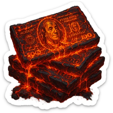 Transform the stack of money into lava money: make the bills appear to be melting and turning into glowing, molten lava with realistic textures and dramatic lighting. Keep the background transparent. Style should resemble a realistic molten lava effect with glowing heat and texture details. sticker