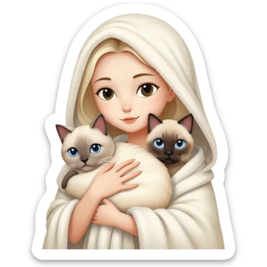 A beautiful girl wrapped in a fluffy blanket hugs a Siamese cat sticker