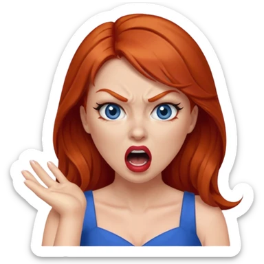 mujer pelirroja con los ojos y los labios maquillados enojada gritando con vestido azul sticker