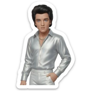 Elvis Presley with blue eyes, black hair, white metallic shirt, white metallic baggy pants, silver necklace sticker