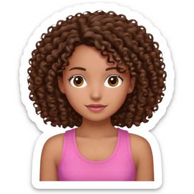 Uma menina com o cabelo cacheado é morena, e com uma regata rosa sticker