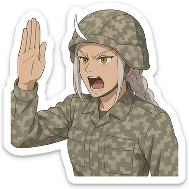 Style of Anime, 1 female, gold yellow eyes, white hair lavender tips, locks in front, mohawk, long white braid, she is a drill sergeant at work, focused facial expression, shouting command, eyes looking down in front of her, a blade hand  vertical palm gesture "to the forward" direction, uniform of gray large scale digital camo. her head is covered with a PAGS style wrapped ballistic helmet sticker