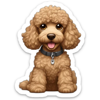Light brown poodle seated and wearing a t-shirt with the face of Eddie Vedder sticker