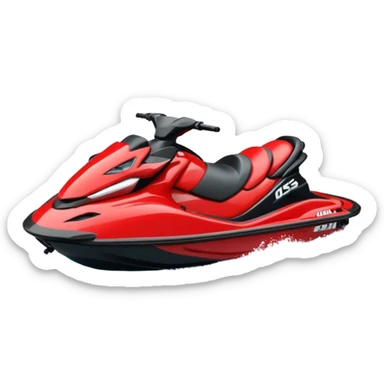 jet ski (red black and white all in the same amount. maybe a red a bit more dominant) on the sea. show the sea under the jet ski - blue with turquoise. no sky - white background instead. DO NOT REMOVE THE SEA AND THE WHITE WHEN FINALIZING!  sticker