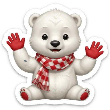 baby Polar Bear, smiling, hi five, wearing red Checkered Triangle scarf sticker