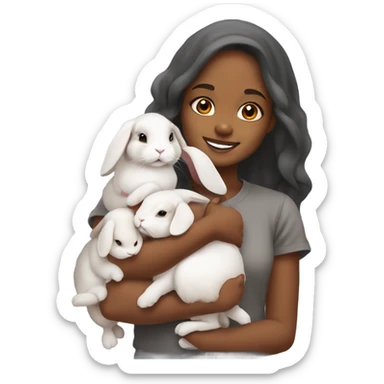 Black Muslim girl holding her 3 cute orange, gray, and mix colored holland lop bunnies sticker