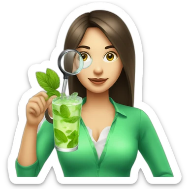 brunette girl with magnifying glass and mojito sticker