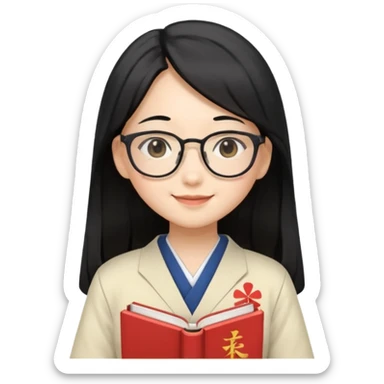 A student, asian girl, long black hair, wearing glasses, japanese uniform, hold book in front of their chest sticker