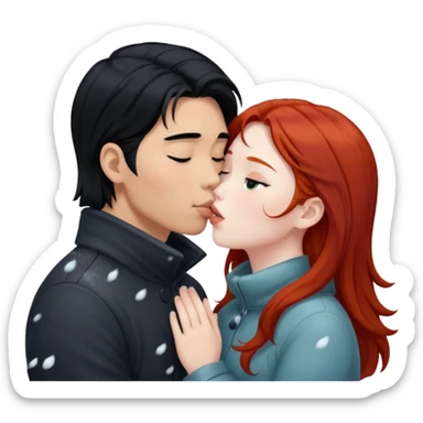 long black haired asian guy kisses redhead girl in snowstorm sticker