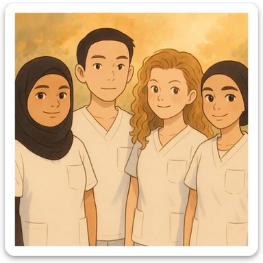 Four nursing students standing side by side in a warm atmosphere, styled in Ghibli. They wear white short-sleeve uniforms without collars, no undershirts or stethoscopes. Tops are medical tunics with V-necks and a chest pocket on the left side. Faces and attitudes inspired by the four provided photos, with a different composition. sticker