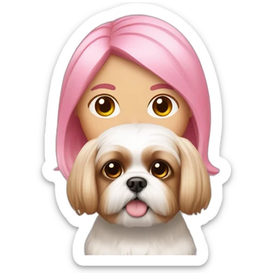 pink haired woman with light skin and a shih tzu sticker