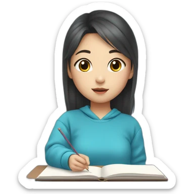 Cute asian aesthetic girl doing lessons in a blue sweatshirt sticker