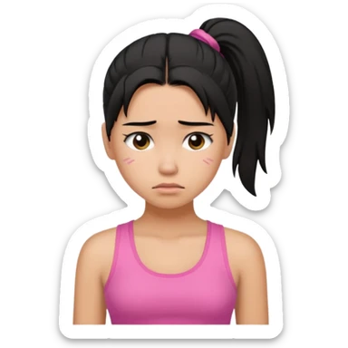 A tan girl with black hair in a ponytail. Wearing a pink tank top. Looking sad sticker