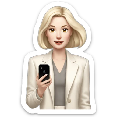 pale skin woman with ash blonde Straightened bob Hair, White Spacious classical jacket, beige palazzo Arrow pants and gray blouse holding white IPhone 14 pro in the hands sticker
