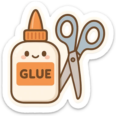 bottle of glue with orange label and tip and a pair of blue scissors, flat toon vector illustration, kawaii minimal sticker