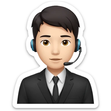 A young Asian man with smooth light skin, dark hair that swoops upward in the front, expressive eyes, a clean-shaven face, and a call-center style headset over one ear, usually paired with a crisp shirt and suit jacket visible from the chest up. sticker