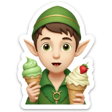 
A young elf boy in leafy clothes licking a triple-scoop ice cream with wide eyes.

 sticker