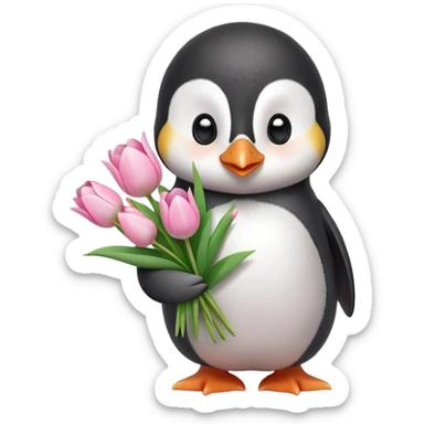 Cute baby penguin holding flower bouquet wraped in white paper and all flowers tulips in pink colour sticker