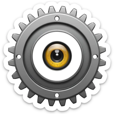 Minimalist emoji-style sticker of a mechanical gear with a realistic eye in the center. Flat graphic icon in grayscale. sticker