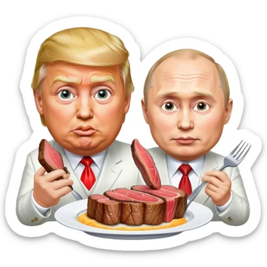 photorealistic Donald Trump and Putin eating a steak shaped like an piece of landemoji sticker