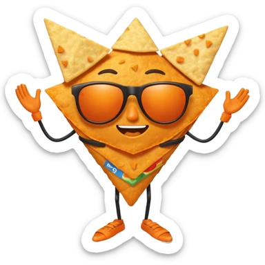 A dorito chip, with legs, arms, and a face. It can be seen wearing sunglasses sticker