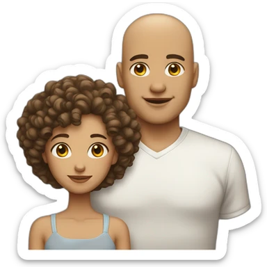 Girl with a curly hair in couple whit a man bald sticker