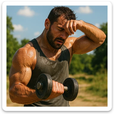 uomo fitness che si allena in estate, tutto sudato, con una mano fa un curl manubri mentre con l'altra mano si asciuga il sudore dalla fronte, espressione affaticata in volto sticker
