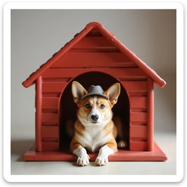 realistic red dog house with a Corgi dog inside, Corgi with a hat, photorealistic style sticker