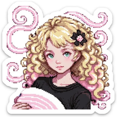 pale girl with curly medium-length blonde hair and baby pink swirls sticker