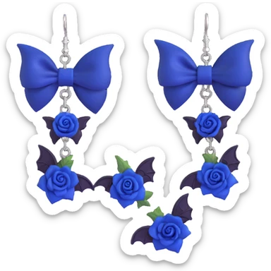 gothic earrings with midnight blue velvet bows, silver bat charms, deep blue rose accents, dramatic and gothic sticker