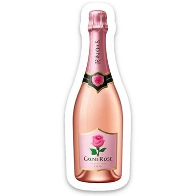 bottle of sparkling rosé champagne with a rose logo on the label, tilted up and to the left, no glass sticker