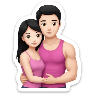 a pretty bratz fair girl. black hair, wearing a pink cami top hugging a handsome fair guy with black hair. lean but muscular who is wearing a black tshirt sticker