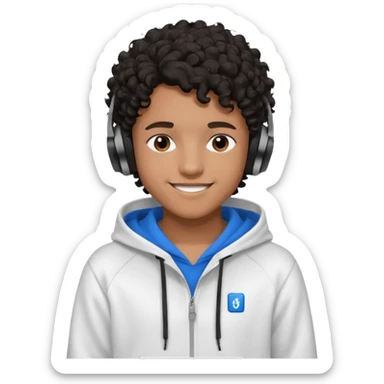 Faça um garoto adolescente de cabelo cacheado preto médio sorrindo, com fones de ouvido Bluetooth e um moletom branco sticker