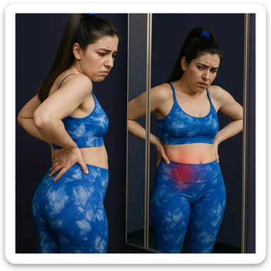 A slender woman in 4K, in front of a mirror, observing her crooked posture, one hand on the lower back, worried face, reddened lumbar area reflected in the mirror, inspired by the reference photo. sticker