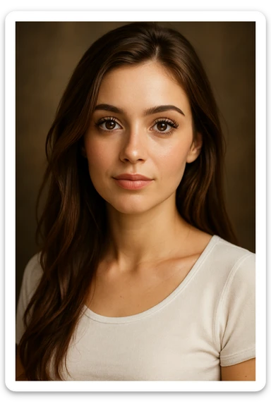 charming girl, white top, long brown hair, prominent eyelashes, pretty, portrait, detailed, beautiful lighting sticker