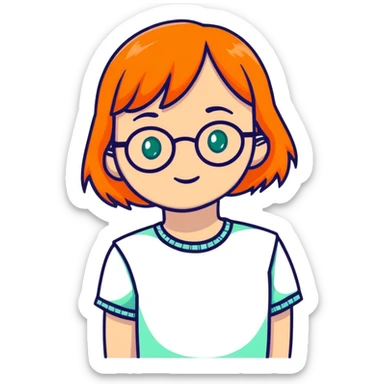 orange-haired shy nerd girl with round glasses and green eyes sticker