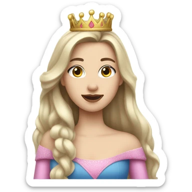 Princess- Fair skin- Long dark hair- crown- blue dress- pink lips sticker