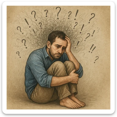Realistic or illustrative style image of a 30-year-old man suffering from anxiety, inspired by the reference image. The man is sitting with knees to chest and a worried expression. The background features symbols of anxiety and stress, conveying an atmosphere of mental tension. sticker