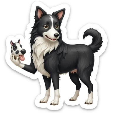 A black and white border collie werewolf, standing on her hind legs, holding a cow's hoof. sticker