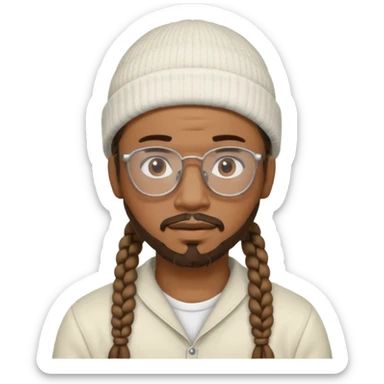 black man with braids glasses beanie and goatee white clothes sticker